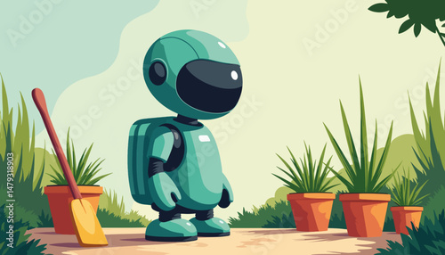 Futuristic gardening robot standing in lush garden, innovative design