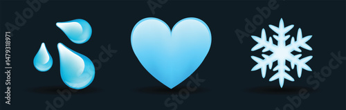 3 emoticons isolated on white background. Blue color heart, water drops, snowflake vector emoji illustration. 3d illustration set.