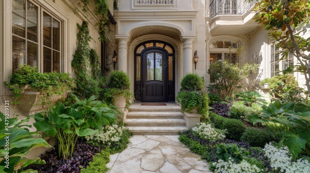 Fototapeta premium Grand mansion entrance with ornate doorway, framed by lush greenery; timeless elegance of luxury estate architecture.
