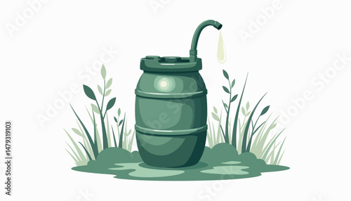 Portable rainwater collection barrel in garden setting, eco-friendly design