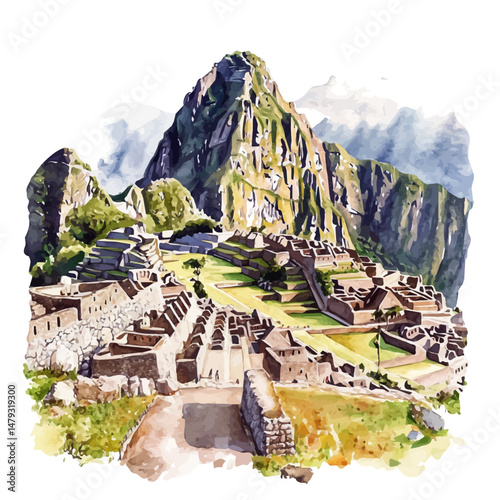 watercolor of Machu Picchu, isolated on a white background.