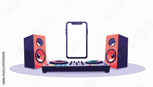 Smartphone DJ setup with colorful speakers, modern music experience