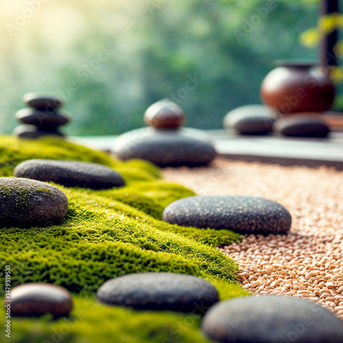 Morning Japanese Zen garden, stones and moss, close-up. Generated AI illustration.