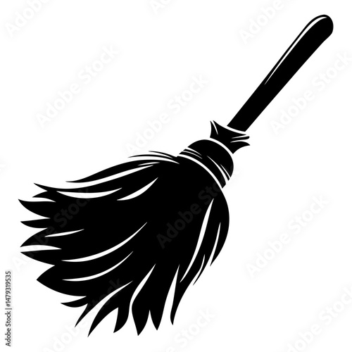 Detailed black silhouette of a broom, for sweeping, cleaning, or witchcraft