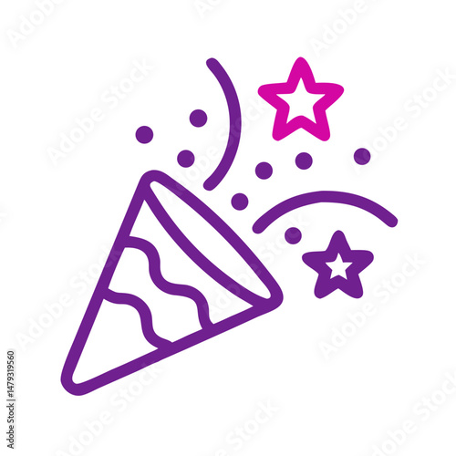 Corporate confetti icon with exploding party popper in two-tone outline style