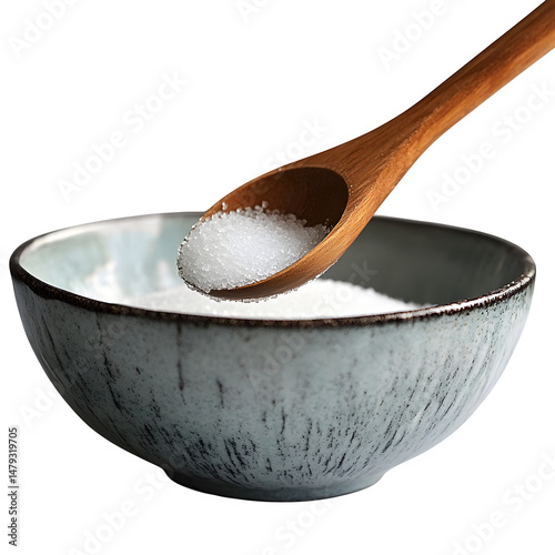 ceramic bowl wooden spoon powdery white substance isolated on transparent background.