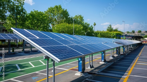 Solar energy systems installed in a public transportation hub providing clean power. 