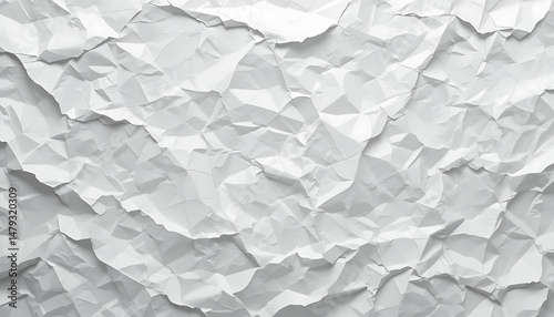 Crumpled white paper abstract background. Textured surface with irregular folds and creases. Light and shadow interplay. Wrinkled pattern. High contrast. Minimalistic artistic texture. Monochrome 