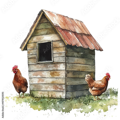 Chicken Coop, watercolor illustration, isolated on a white background.