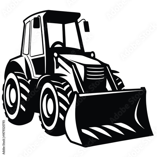Stylized vector illustration of a front loader vehicle for construction and excavation