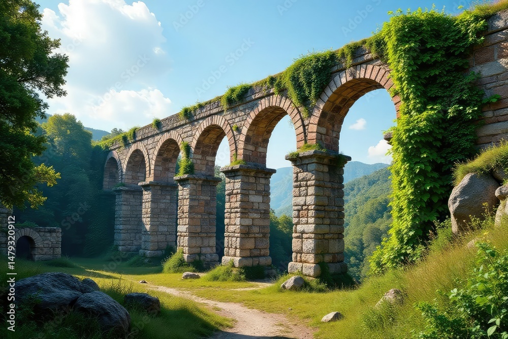 Obraz premium Ancient Roman aqueduct ruins, weathered stone, overgrown with ivy , foundation, building