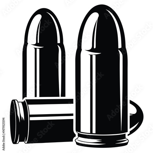 Bold monochrome illustration featuring three ammunition bullets on a white background