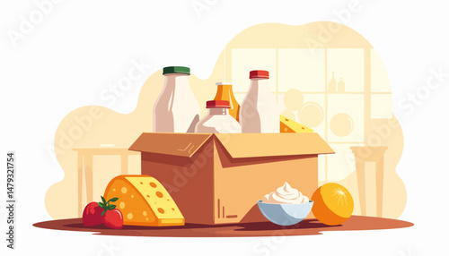 Grocery subscription box with dairy products in geometric kitchen, convenience