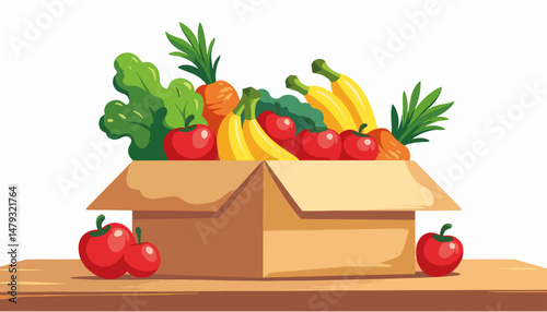 Colorful grocery subscription box overflowing with fresh produce, healthy living