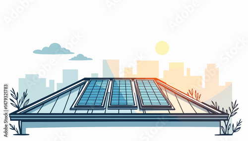 Geometric solar panels on heat-reflective rooftop, urban sustainability