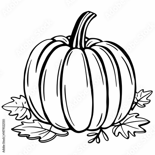 Large round orange pumpkin - line art illustration in white background
