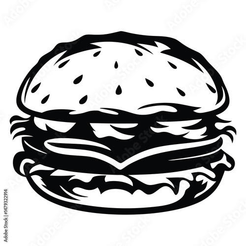 Monochrome black and white image depicts a stylized delicious looking hamburger