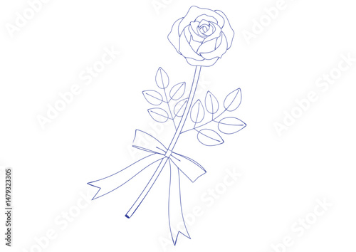 万年筆で描いたようなリボンのついたバラの花のイラスト　塗りなし