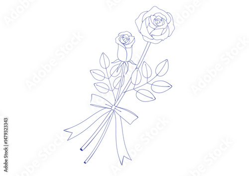 万年筆で描いたようなリボンのついたバラの花のイラスト　塗りなし