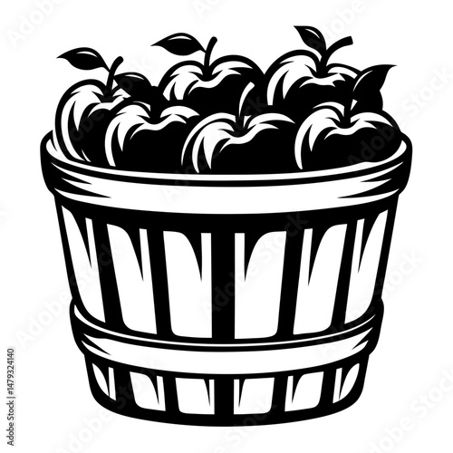A basket full of apples illustration in black and white style