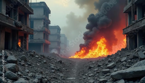 Devastating bomb blast aftermath, rubble and smoke fill the scene , bomb, burning