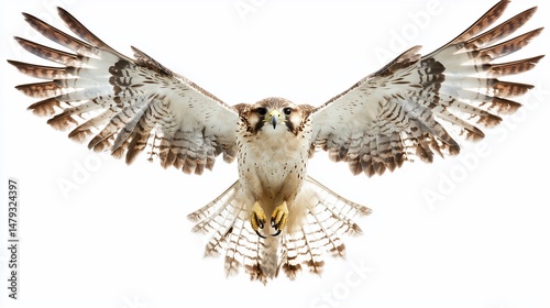 Majestic falcon soars with outspread wings against a stark white backdrop