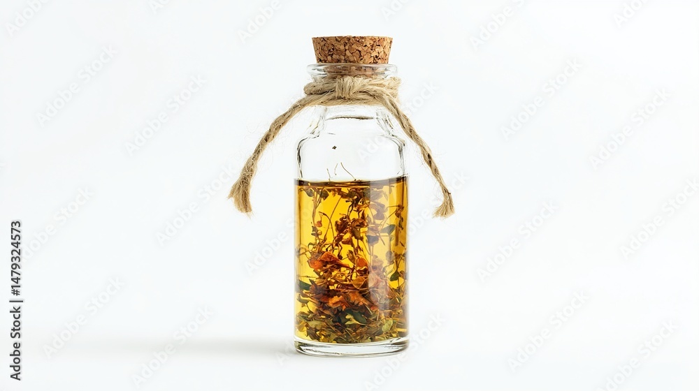 Small glass bottle filled with flavorful oil and herbs Small glass bottle filled with flavorful oil and herbs