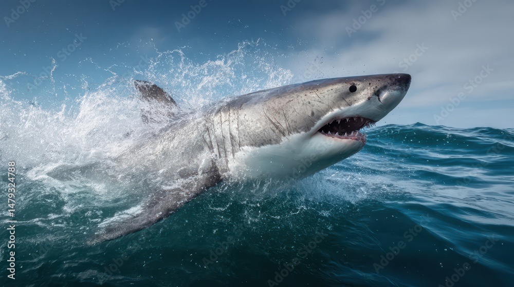 Fototapeta premium Powerful great white shark breaching ocean waves.