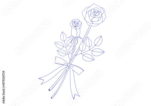 万年筆で描いたようなリボンのついたバラの花のイラスト　塗りなし
