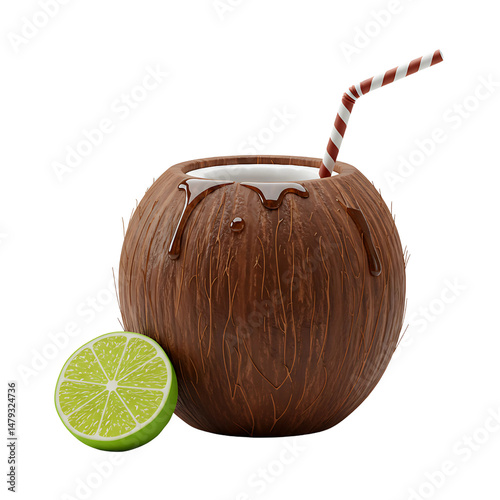 3D Coconut Drink with Lime and Striped Straw for Tropical Refreshment