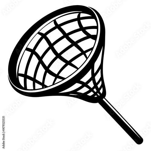 Illustration of a fishing net or butterfly net with handle in black