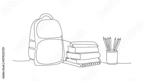 school set consisting of a backpack school stack of books and pencils in an organizer drawn with one continuous line of black color line art on a white background. concept back to school