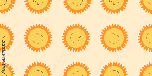 Playful summer background with smiling suns. Seamless bright pattern designed for baby clothes, kids prints, textiles, wrapping, or nursery wallpaper. Light, warm, and joyful vibe