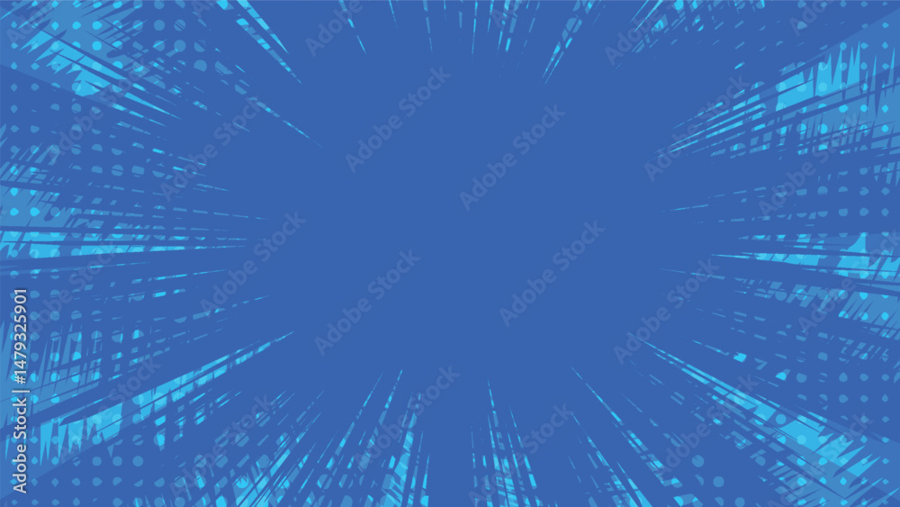 Fototapeta premium blue comic background with sunburst and dots pattern decoration