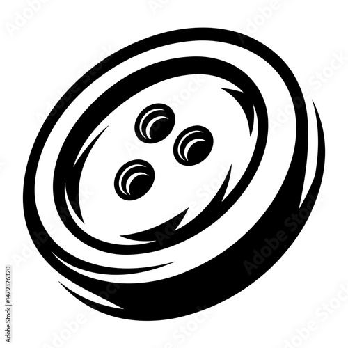 Stylized graphic of a classic clothing button with three holes in black