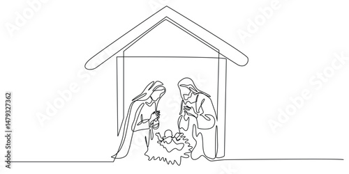 continuous line drawing of the birth of jesus christ. single line drawing of joseph and mary kneeling beside baby jesus. line art drawing of the birth of jesus in straw in a stable