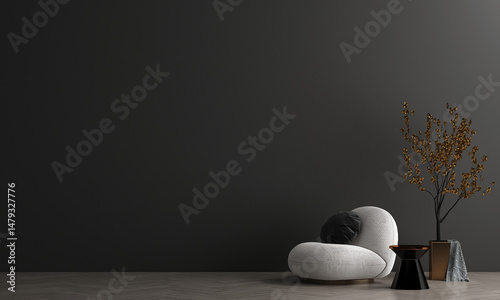 Modern cozy living room and empty black wall texture background interior design. 3d rendeing