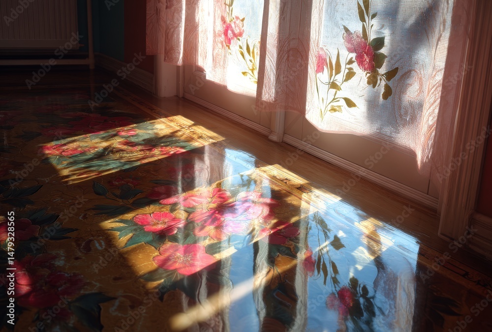 Fototapeta premium Sunlight casts floral shadows on a glossy floor.