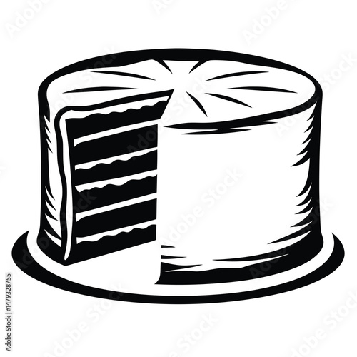 A delicious multilayered cake with a slice missing, black and white image