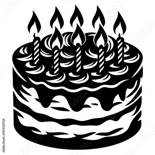 Delicious birthday cake with dripping icing and lit candles on top