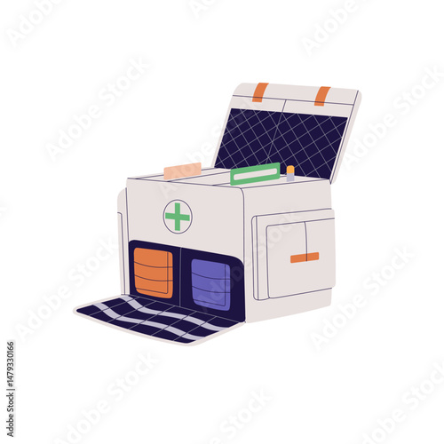 Open first aid kit. Ambulance health care bag. Firstaid box with medical supplies to assistance, help in emergency. Case with medicines to rescue. Flat isolated vector illustration on white background