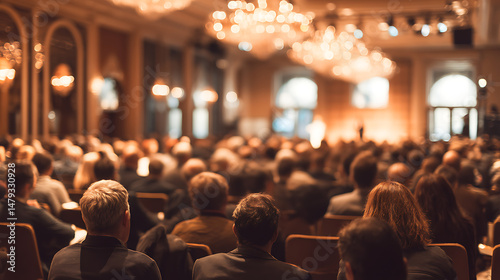 Business conference interior with audience attentively listening to speaker on stage, warm lighting, blurred background, 