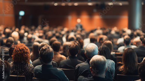 Conference hall with rows of people from behind, focused on speaker giving a presentation 