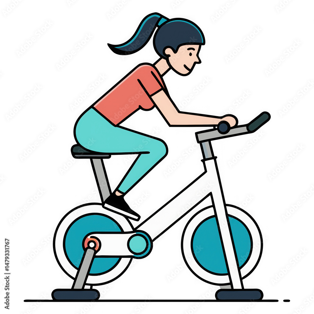 Fototapeta premium Woman exercising on a spin bike on white background