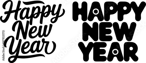 The phrase "Happy New Year" displayed in two distinct black fonts: a flowing, slightly retro script on the left and a rounded, playful sans-serif on the right, both set against a white background