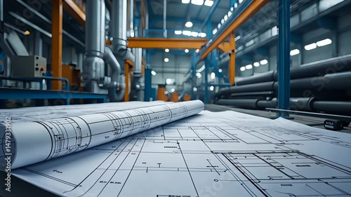 Industrial factory interior with detailed engineering blueprints on table in foreground, surrounded by machines, pipes, and steel structures


