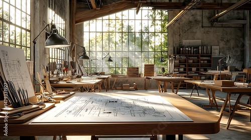 Architectural Blueprint on Drafting Table in Bright Studio with Natural Light