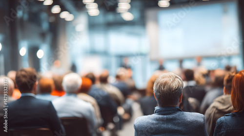 Rear perspective of diverse business professionals attending a seminar in a well-lit auditorium, speaker blurred in distance 