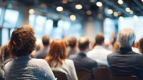 Rear perspective of diverse business professionals attending a seminar in a well-lit auditorium, speaker blurred in distance 