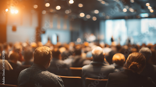 Rear view of audience seated in rows inside a modern conference hall, stage in soft focus with speaker presenting under spotlight, professional business event setting 